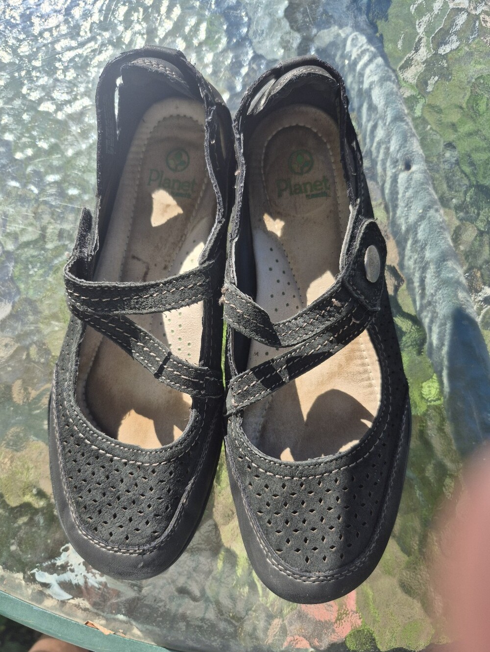 Black Perforated Mary Jane Flats with Adjustable Strap